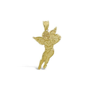 10K Yellow Gold Cupid Angel Heart Pendant Charm 1.3 inch